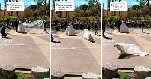 La pareja quedó perpleja al ver que el perrito destrozó la cola del vestido de la novia. Foto: composición Lol/captura de TikTok/@FannyProduccionesOficial TikTok viral | perro | boda