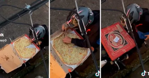 El repartidor fue captado degustando de una tajada de pizza en su motocicleta. Foto: composición LR/captura de TikTok/@SusyJimenez0 TikTok viral | repartidor de pizza