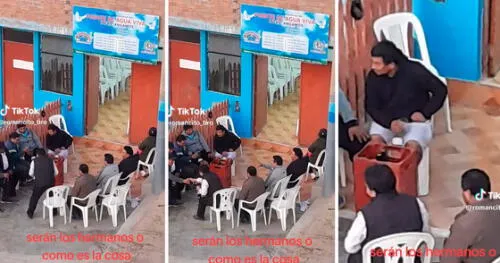 Los hombres se sentaron frente a la iglesia evangélica para conversar mientras bebían algunos tragos. Foto: composición LR/captura de TikTok/@Romancito_bro TikTok viral | Perú | iglesia evangélica