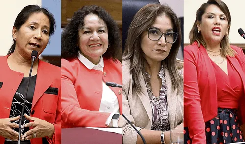 Pendientes. Rosío Torres, María Acuña y Magaly Ruiz, congresistas de APP que tienen denuncias en trámite por recorte de sueldo; y Digna Calle, de Podemos Perú, por abandono del cargo. Foto: composiciónLR larepublica.pe