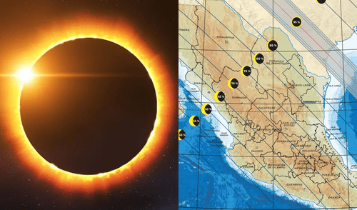 Conoce en esta nota todos los detalles sobre el eclipse solar anular del 14 de octubre de 2023. Foto: composición LR / INEGI