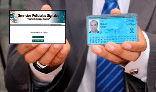 En la plataforma Denuncia Policial Digital puedes reportar la pérdida o robo de tu DNI. Foto: composición/LR/Andina Foto captura de la plataforma Denuncia Policial Digital junto a mano sosteniendo un DNI azul.