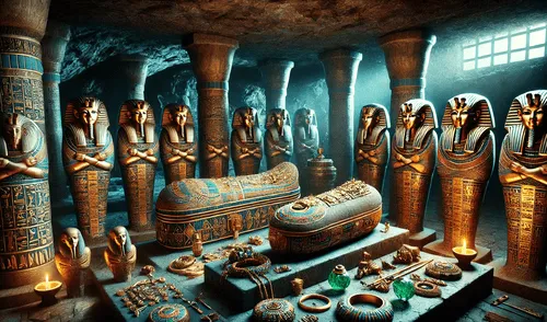 El descubrimiento de la tumba familiar en Luxor proporciona una nueva perspectiva sobre las prácticas funerarias y la estructura familiar en el antiguo Egipto. Foto: ChatGPT IA Egipto, Arqueología, Joyas