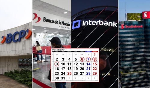 Diciembre es el mes, dentro del calendario peruano, en el que más descansos programados existen para los trabajadores. Foto: Andina/BCP/Interbank/Scotiabank/Composición LR edificios principales de BCP, Banco de la Nación, Interbank e Scotiabank al lado del calendario de diciemrbe