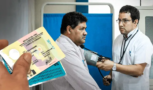 hombre pasando por una revisión de presión arterial junto a imagen de licencia de conducir