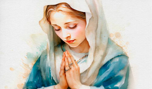 Virgen María orando con un rosario.