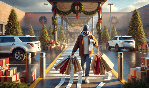 persona saliendo de hacer compras navideñas