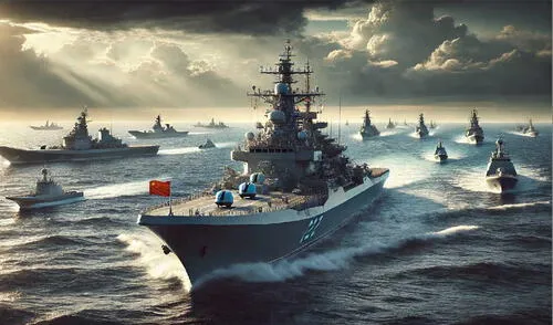 La competencia naval en el Indo-Pacífico se intensifica, ya que China, bajo Xi Jinping, ha aumentado su poderío militar, poniendo en riesgo la dominación de EE. UU. en la región. Foto: DALL.E China desafía a Estados Unidos en el mar: expertos advierten que su Armada superaría su supremacía naval