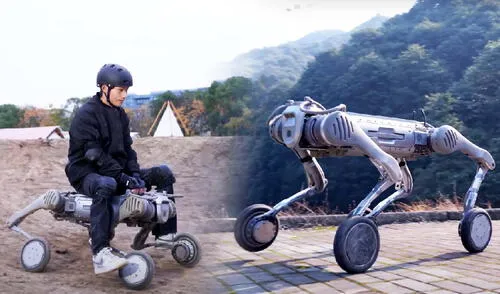 Con habilidades acrobáticas y capacidad para transportar hasta 40 kg, el perro robot B2-W destaca en rescates todoterreno y transporte. Foto: composición LR/ Unitree Robotics El sorprendente perro robot chino capaz cargar adultos por terrenos accidentados: puede saltar hasta 2,8 metros de altura