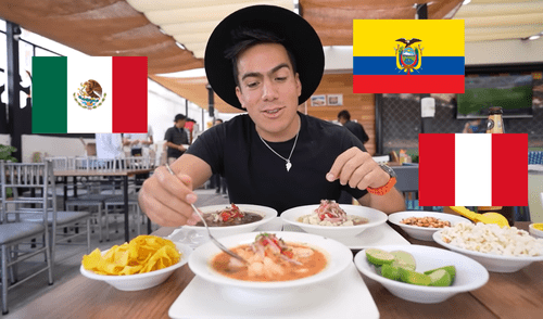 El joven ecuatoriano degustó el ceviche de Perú, México y Ecuador. Foto: composición LR/YouTube/El Champ ceviche, ceviche peruano, ceviche mexicano, ceviche ecuatoriano, México, Perú, Ecuador