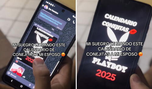 "Ya me estaba enojando hasta que vi todo el video", reaccionaron usuarios. Foto: composición LR/ TikTok Suegro le envió calendario de conejitas a su WhatsApp y video desata divertidas reacciones