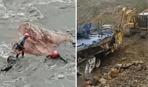 Retiran restos de bus que cayó a río en Áncash