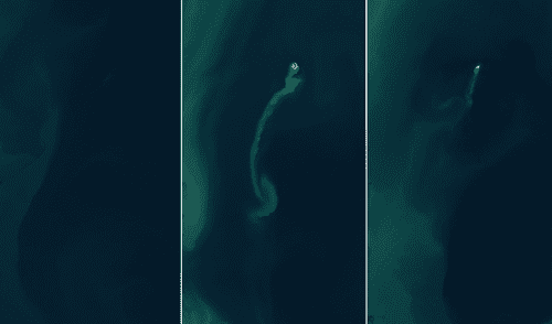 Investigadores obtuvieron imágenes satelitales del banco Kumani apareciendo y desapareciendo lentamente entre 2022 y 2024. Foto: NASA Investigadores obtuvieron imágenes satelitales del banco Kumani apareciendo y desapareciendo lentamente entre 2022 y 2024.