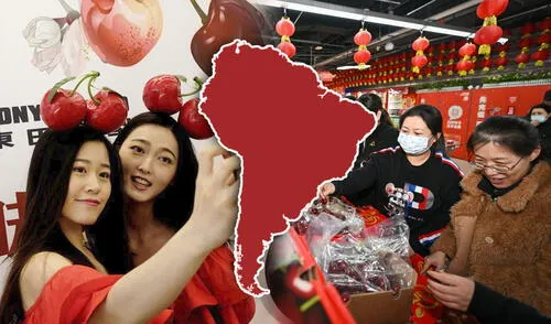 Las cerezas chilenas destacan en el mercado chino, siendo el principal producto exportado de América Latina. En la temporada 2023-2024, las importaciones alcanzaron los US$2.260 millones. Foto: composición LR/Xinhua/La Tercera La fruta producida en Chile que se ha convertido la favorita de China: se exportó más del 90%
