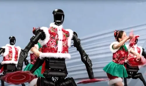 El baile Yangge, símbolo del Año Nuevo chino, fue reinterpretado por robots que mostraron una coordinación excepcional. Foto: captura SMCP China sorprende al mundo tras presentar impresionante baile de robots humanoides en festival del Año Nuevo chino