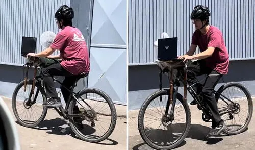 Joven convierte su bicicleta en oficina móvil y sorprende con su insólita modalidad de teletrabajo