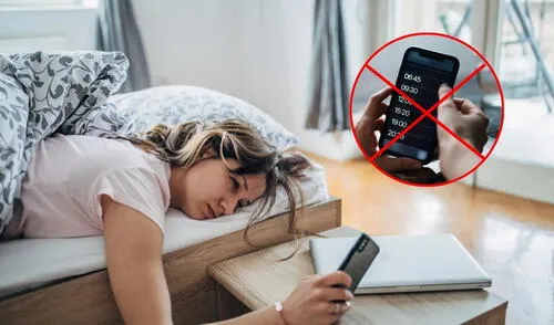 Usar el celular como despertador puede afectar el sueño debido a la luz azul, la función ‘posponer’ y la exposición a notificaciones, por lo que los expertos recomiendan dejarlo fuera del dormitorio. Foto: composición LR larepublica.pe