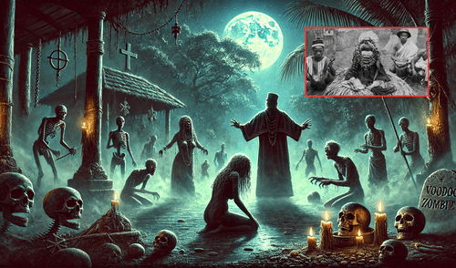 El concepto de zombi en la tradición haitiana está estrechamente vinculado al vudú, una religión sincrética que mezcla creencias africanas con influencias del catolicismo y el espiritismo. Foto: composición LR/chatgpt/BBC