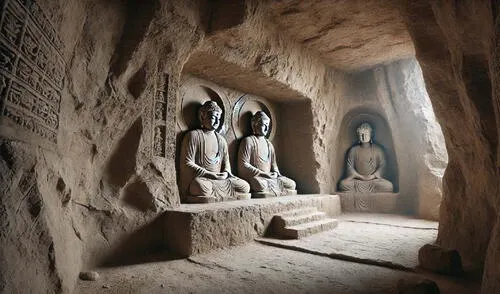La gruta del templo Fohui, ubicada en Taiyuan, mide 8,2 metros de largo y cuenta con tres estatuas principales de Buda, además de figuras en las paredes laterales, aunque su conservación es un reto. Foto: referencial DALL-E Arqueólogos en China descubren una cueva budista de más de 1.000 años con reliquias de la dinastía Tang