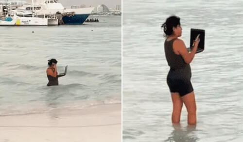 Peruana trabaja en el mar con su laptop y usuarios bromean en redes: "De vacaciones, pero responsable"