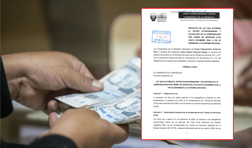 Persona retirando billetes de cien soles y proyecto de ley