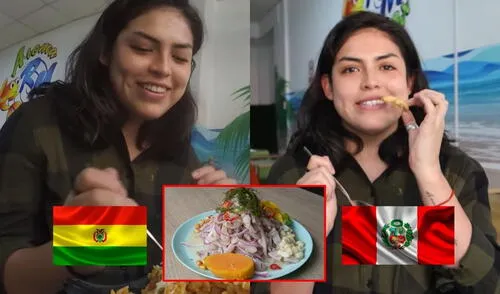 Joven boliviana visita Perú, prueba ceviche por primera vez y queda sorprendida. Foto: composición LR Joven boliviana prueba ceviche
