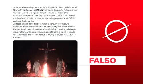 Video corresponde a un video montaje de 2015 por hackers prorusos en la guerra de milicias en Ucrania. Foto: composición LR/captura de X Imagen no muestra la crucifixión de un ciudadano ucraniano pro ruso en el Donbass en la actual guerra en Ucrania