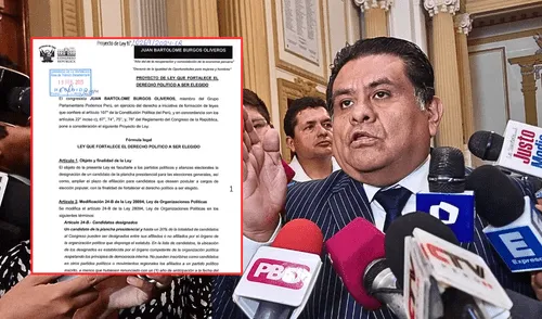 El congresista Juan Burgos presentó el Proyecto de Ley N.º 10269/2024-CR, que permitiría candidatos presidenciales pero afiliados a partidos y sin elecciones internas.
