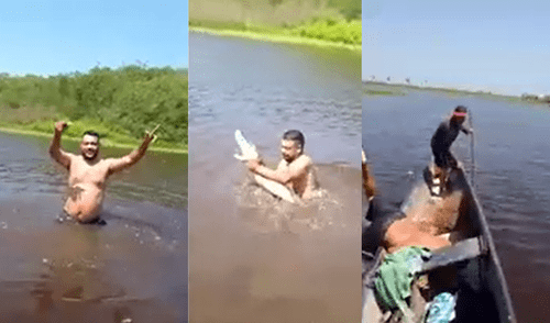 Entre gritos de desesperación, el hombre salió ileso de su encuentro con el caimán. Foto: composición LR bañista carga caimán | caimán | bañista | río Colombia | pez gigante | noticia insólita | susto en el río
