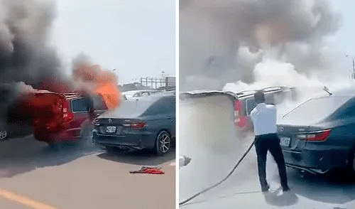 Algunos taxistas cuestionaron la reacción de LAP ante el siniestro. Foto: composición LR/difusión Auto se incendia en estacionamiento del aeropuerto Jorge Chávez y taxistas apagan el fuego con un extintor