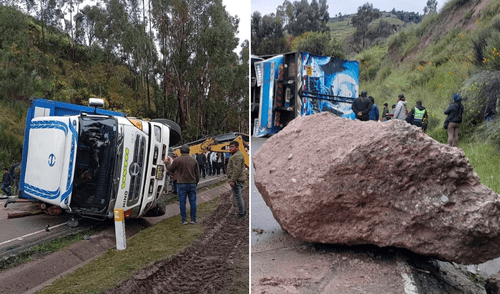 Piedra y camión bloquearon el tránsito en la Carretera Central. Foto: Difusión Accidente Carretera Central