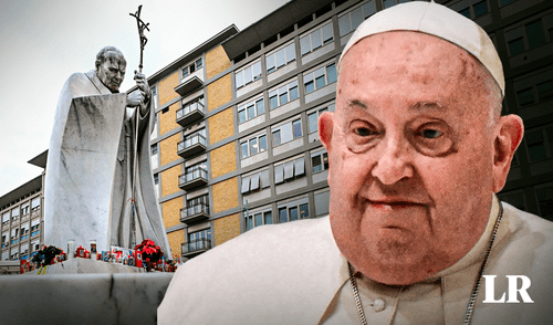 Cientos de fieles acuden a dejar flores y velas a la entrada del hospital. Foto: composición LR / AFP Cientos de fieles acuden a dejar flores y velas a la entrada del hospital.