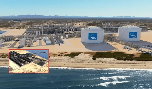 El megaproyecto de gas natural licuado (GNL) Saguaro Energía, liderado por la empresa Mexico Pacific, se desarrollará en Puerto Libertad, Sonora, en la costa del Pacífico mexicano. Foto: composición LR/Forbes México/Energía a Debate