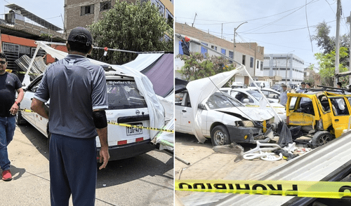 Auto terminó en medio del toldo tras provocar un trágico accidente. Foto: Sergio Verde/La República Accidente en Trujillo