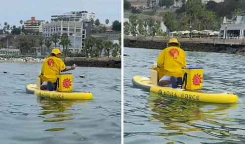 Heladero vende en el mar con una tabla de surf y usuarios bromean: “Siempre cerca de ti”