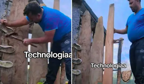 Clip viral generó divertidas reacciones. Foto: composición LR/ TikTok Hombre reutiliza zapatillas viejas como bisagras para puerta y sorprende: “Hecho con IA (inteligencia artesanal)”