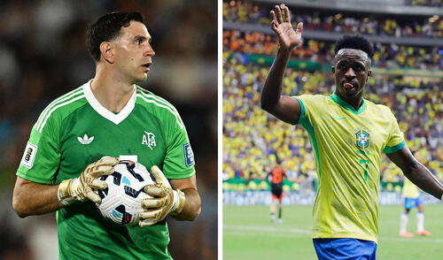 El 'Dibu' Martínez sostendrá un duelo particular con el delantero Vinícius Jr. en el Argentina vs Brasil. Foto: composición de LR/AFP El 'Dibu' Martínez sostendrá un duelo particular con el delantero Vinícius Jr. en el Argentina vs Brasil. Foto: composición de LR/AFP