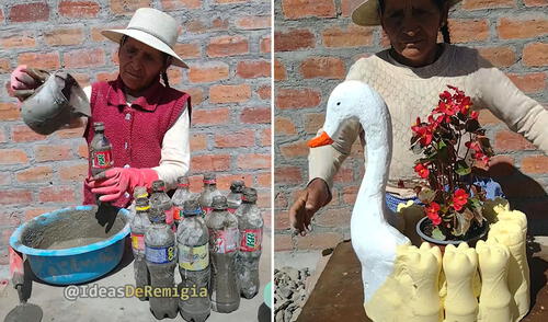 Adulta mayor sorprende al convertir botellas de plástico en un adorable macetero: “Peruana luchadora”