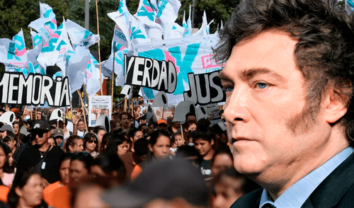 En un escenario frente a Casa Rosada, las Abuelas de Plaza de Mayo leyeron un documento con críticas al gobierno de Milei. Foto: Composición LR. En un escenario frente a Casa Rosada, las Abuelas de Plaza de Mayo leyeron un documento con críticas al gobierno de Milei. Foto: Composición LR.