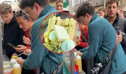 Extranjeros se amontonan para probar choclo con queso y huevo con papa en carretilla: "Perusalén, la tierra prometida"
