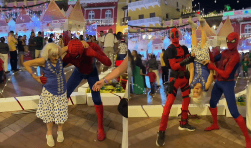 Adulta mayor se toma peculiar foto con superhéroes Spider-man y Deadpool