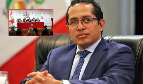 Roberto Burneo, presidente del JNE, anuncio las fechas del cronograma electoral en conferencia de prensa | Composición: LR. Roberto Burneo, presidente del JNE, anuncio las fechas del cronograma electoral en conferencia de prensa