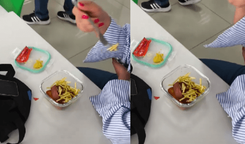 La joven fue sorprendida almorzando una salchipapa con papas al hilo. Foto: Composición LR/ TikTok Peruana es sorprendida comiendo salchipapa con papa al hilo y se vuelve viral