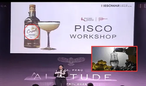 El incidente ocurrió durante la exposición ESOMAR Latinoamérica 2025. Foto: Composición LR/ YouTube/ Andina Nueva controversia por el pisco: error en evento en Lima vincula aguardiente chileno con la Marca Perú