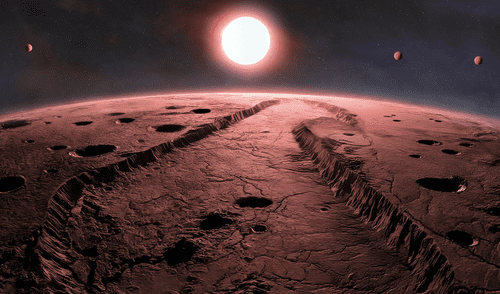 Concepción artística representa los planetas que orbitan la Estrella de Barnard, vistos desde cerca de la superficie de uno de ellos. Foto: Observatorio Internacional Gemini/NOIRLab/NSF/AURA/P. Marenfeld