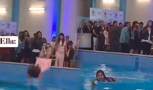 La joven no lo pensó dos veces para lanzarse a la piscina y obtener el ramo de la novia. Foto: composición LR/ TikTok / @danielamestas La joven no lo pensó dos veces para lanzarse a la piscina y obtener el ramo de la novia.