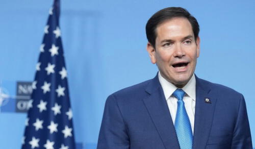 Marco Rubio pronunció un discurso durante su reunión con el secretario general de la OTAN. Foto: AFP.