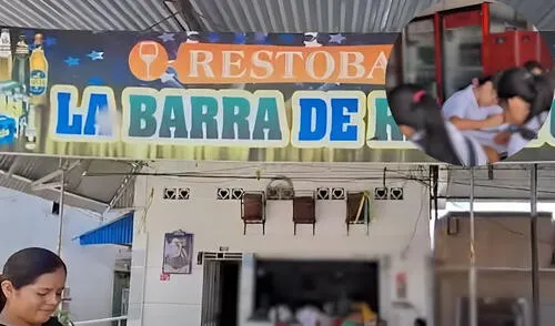 Escolares estudian en restobar luego de que su colegio fuera declarado como "inhabitable". Foto: Composición LR/Captura de pantalla de Youtube