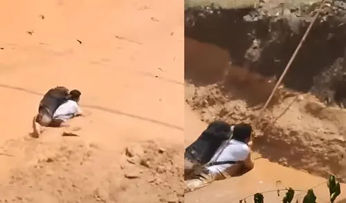 Hombre queda atrapado en lodo por huaico en Huánuco, pero logra sobrevivir tras sujetarse de soga. Foto: Composición LR/Captura de pantalla de Youtube Hombre queda atrapado en lodo por huaico en Huánuco, pero logra sobrevivir tras sujetarse de soga. Foto: Composición LR/Captura de pantalla de Youtube