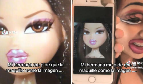 Clip viral sorprendió a usuarios. Foto: composición LR/ TikTok Joven pidió que la maquillen como muñeca Bratz y el resultado es viral: “Al cliente lo que pida”